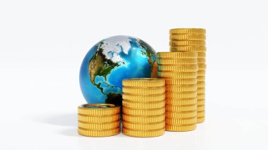 Küre ya da dünya altın para yığını, dünya ticareti finansal konsepti, NASA 'nın elementi, 3D görüntüleme.