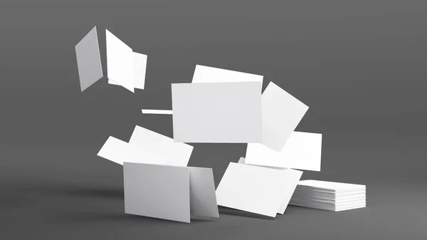 一堆堆空白的白色名片 灰色背景的名片模型 促销你的公司品牌 3D渲染 — 图库照片