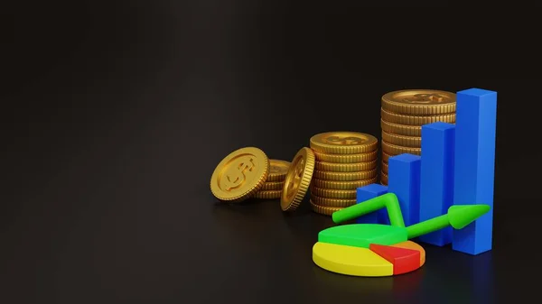 Business graph or bar chart diagram with stack of gold coin. Growth business and financial concept. 3D rendering.