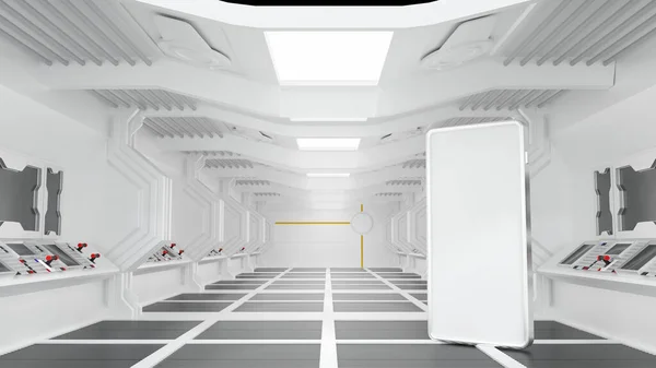 Smartphone in spaceship or space station interior, Sci Fi tunnel, online market internet banking concept, 3D rendering.