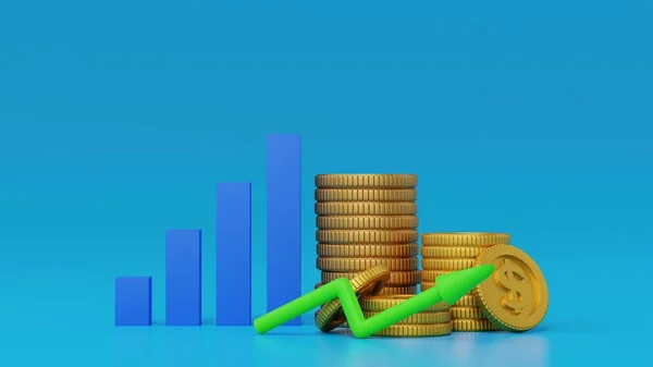 Business graph or bar chart diagram with stack of gold coin. Growth business and financial concept. 3D rendering.
