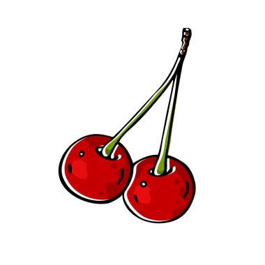 Beyaz arka planda iki kırmızı kiraz. Çıkartmalar ve albüm defterleri için uygun resim. 