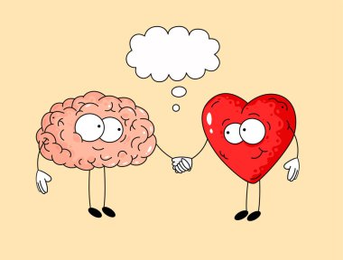 İnsan beyni ve kalbinin hoş bir çizimi. Beyin ve kalp arasındaki arkadaşlık kavramı.