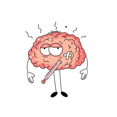 Beyaz arka planda termometresi olan sevimli insan beyni. Komik vektör illüstrasyonu.