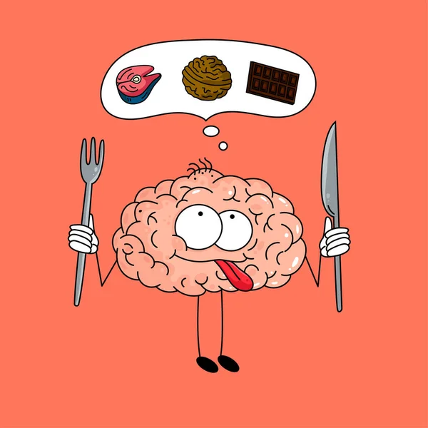 Roztomilý Kreslený Mozek Vidličkou Nožem Myslí Zdravé Jídlo Čokoládu Ořechy — Stockový vektor