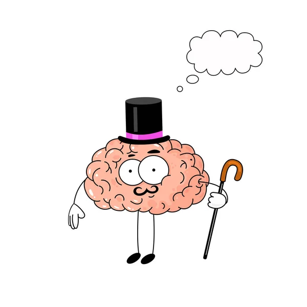 Cute Cartoon Brain Gentleman Black Top Hat Cane Funny Character — Wektor stockowy