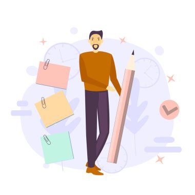 Üretkenlik vektörü çizimi. Tasarımınız için etkili zaman yönetimi unsurları. Planlama işleri, aktiviteler, programlar, çalışma saatleri. İşteki karakterler.