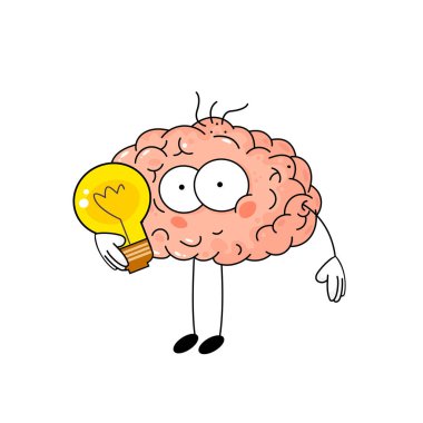  Beyaz arka planda ampulü olan şirin bir çizgi film beyni. Komik vektör çizimi. Fikir kavramı, zeka, insan aklı. Heath vücut ve ilaç. 