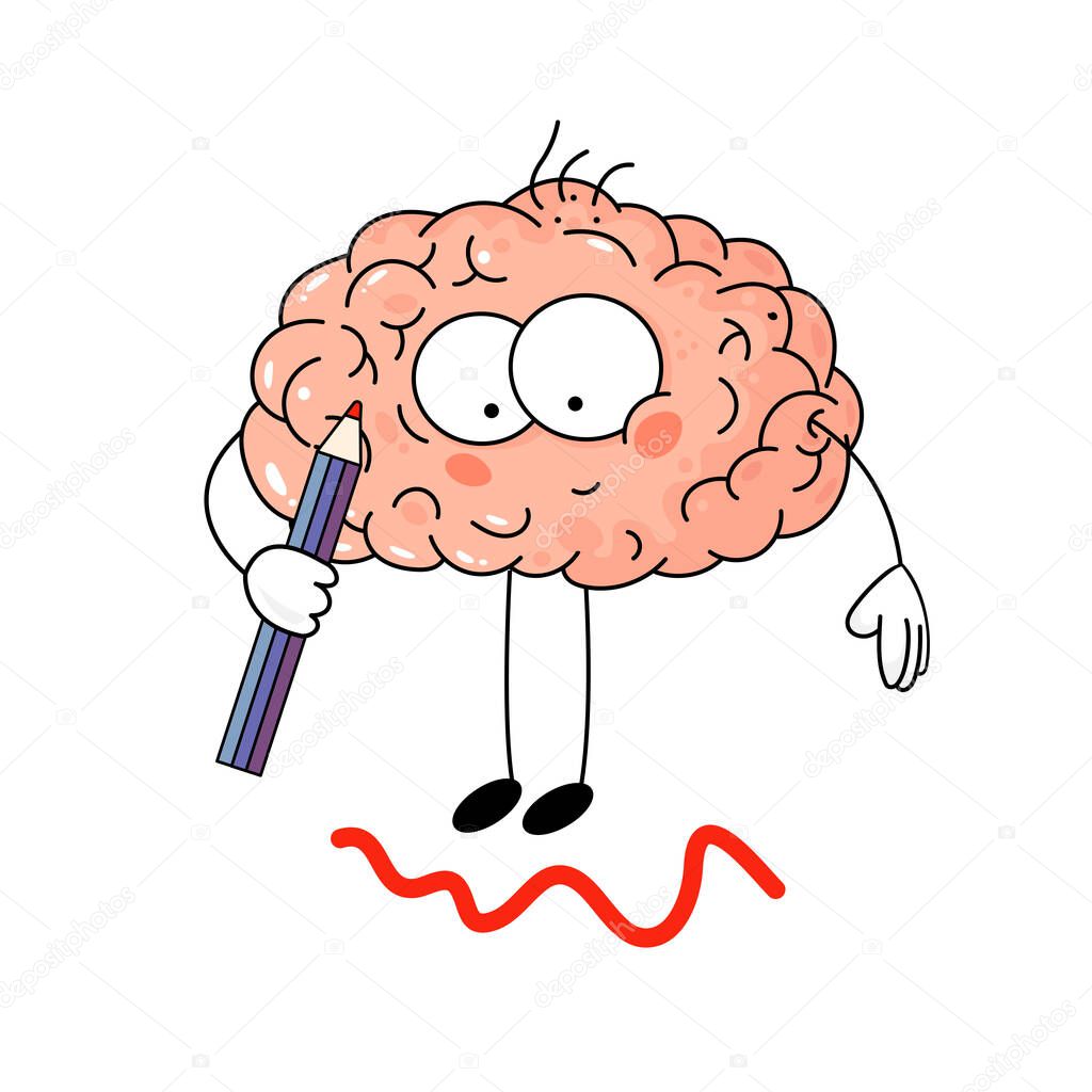 Cute cartoon brain with pencil drawing on white background. Funny vector illustration. Concept of idea, work, intellect, business, human mind, search for ideas. Heath body and medicine.