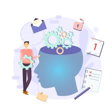  Üretkenlik vektörü çizimi. Aklını kullan. Tasarımınız için etkili zaman yönetimi unsurları. Planlama işleri, aktiviteler, programlar, çalışma saatleri. İşteki karakterler