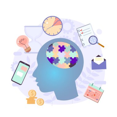  Üretkenlik vektörü çizimi. Zihin, fikir. Tasarımınız için etkili zaman yönetimi unsurları. Planlama işleri, aktiviteler, programlar, çalışma saatleri. İşteki karakterler