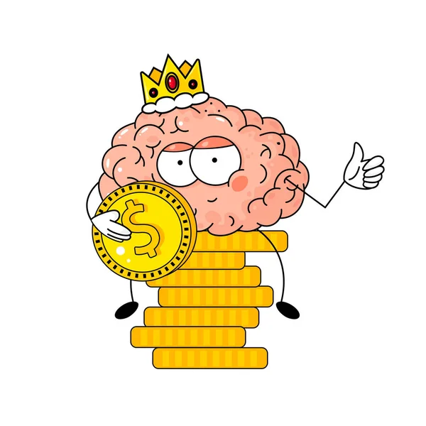 Roztomilý Kreslený Mozek Koruně Zlatými Mincemi Bílém Pozadí Vtipná Vektorová — Stockový vektor