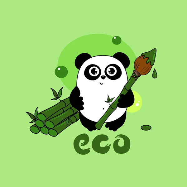 Cute Cartoon Panda Drawing Brush Bamboo Funny Character Your Design — Stock Vector