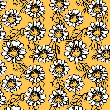 Sarı arka planda beyaz papatya desenli çiçek deseni. Güzel buluş. Tasarımın için güzel bir yaz dokusu. Botanik ve çiçek elementleri.