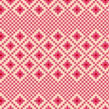  Ukrayna halk motifli grafiksel geometrik kırmızı piksel deseni. Tasarımın için harika bir etnik unsur. Moda tekstili kavramı. Süslü dekoratif doku.