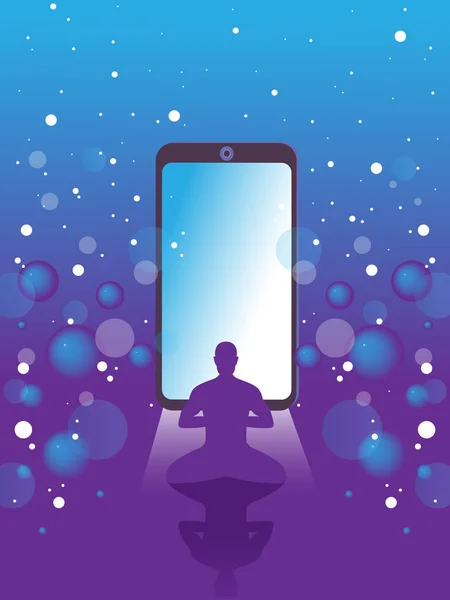 Vector Smartphone Meditation Man Abstract Violet Background Stars Spheres Great — Stock Vector