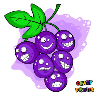  Cute crazy fruit collection, one of them grape. Cartoon character for your food design. Healthy food concept. Vegan, vegetarian and diet, sport food. Smoothies and juices, jams.