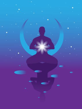  Banner for meditation. Spiritual enlightenment. Yoga. Man in the lotus position. Symbol of secret knowledge, harmony of soul and body, wisdom, religion.Surreal graphics.