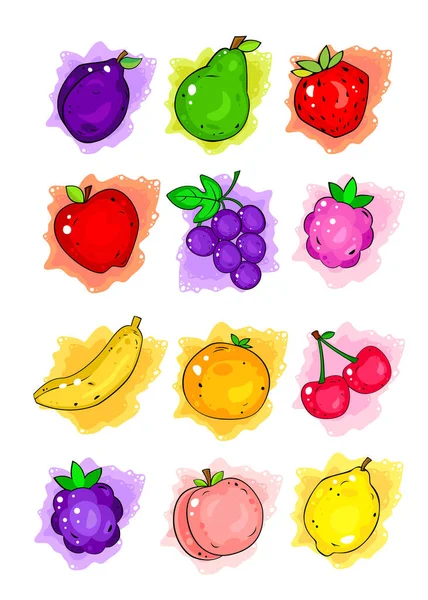Cute Fruit Summer Collection Stickers Cartoon Element Your Food Design — Vector de stock
