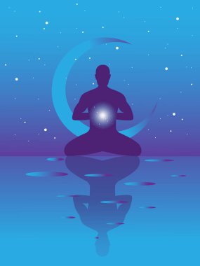  Vector banner with meditation man on abstract violet background with stars and spheres Yoga in the universe. Man in the lotus position. Symbol of secret knowledge, harmony of soul and body. Surrealism