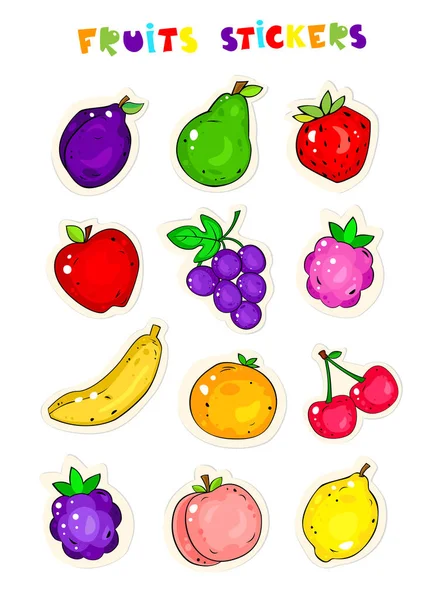 Coleção Frutas Bonito Adesivos Personagem Desenhos Animados Para Seu Design — Vetor de Stock