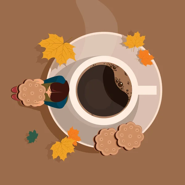 你设计的秋季海报吉儿坐在靠近热咖啡的地方 身边有饼干和秋天的叶子 咖啡休息时间概念 — 图库矢量图片