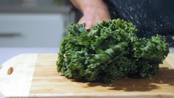 Chef Corta Ensalada Cámara Lenta Jefe Hacer Ensalada Rebanada Ensalada — Vídeo de stock