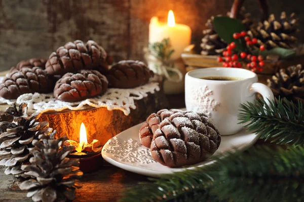Christmas Chocolate Pine Cone Shortbread Cookie Cup Coffee Powdered Sugar — Stock Photo, Image