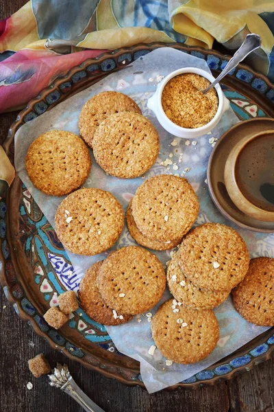 Crispy Oatmeal Cookies Cup Coffee Coffee Break Wooden Background Top — Stock Photo, Image