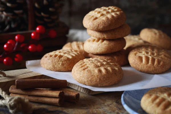 New Yea Baking Homemade Shortbread Cookies Cinnamon Rustic Style — Stock Photo, Image