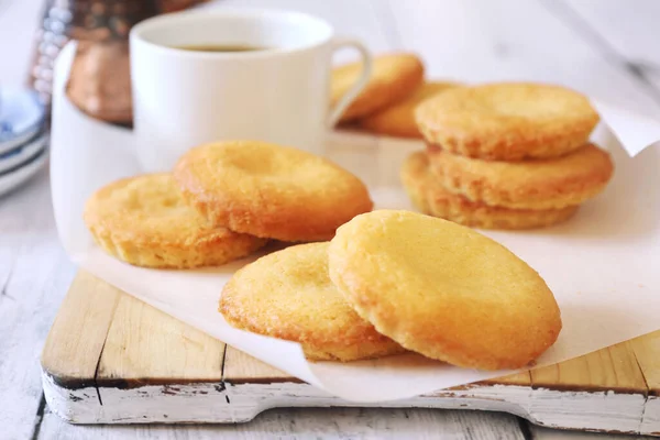 Homemade Palets Bretons Salty Shortbread Breton Cookies Cup Coffee Cezve — Stock Photo, Image