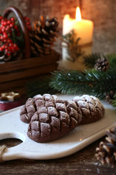 Christmas Chocolate Pine Cone Shortbread Cookie Powdered Sugar Dressing New — Stock Photo, Image