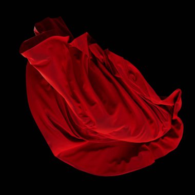 Üç boyutlu soyut bükülmüş kumaş parçası, dalgalı uçan kumaş yalıtılmış. İpek kumaşlı lüks ve zarif bir zemin. Siyah arka plan. Kırmızı saten kumaş tasarımı.