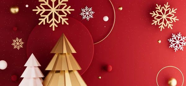 Long Render Banner Dengan Kepingan Salju Dan Pohon Natal Desain — Stok Foto