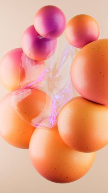 Uçan soyut şekillerin üç boyutlu çizimi. Yaratıcı, cesur arka plan, dikey duvar kağıdı ve geometrik tasarım. Pastel sıcak renkler. Parlak desen, eğim deseni ve şeffaf cam.