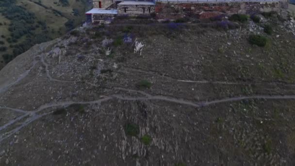 Luftaufnahme der Gergeti-Dreifaltigkeitskirche Tsminda Sameba — Stockvideo