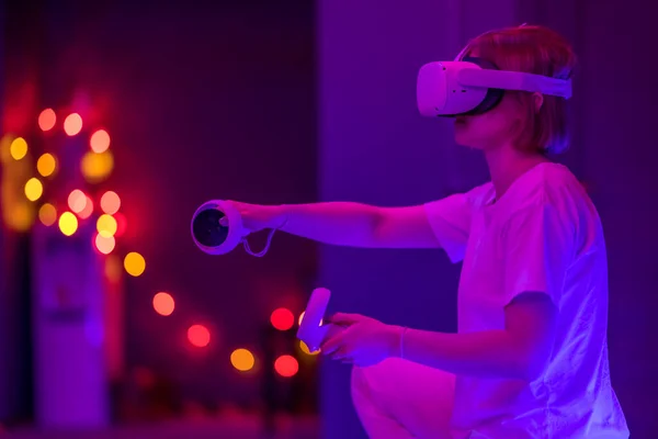 Smiling Woman Playing Game Controls Virtual Reality Future Technology Concept Stock Picture