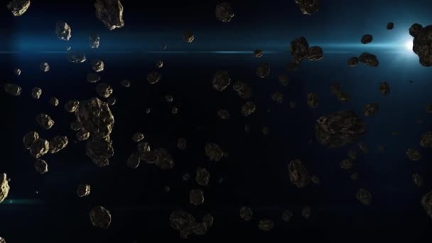 3D animace: Filmový let temným, hlubokým vesmírným, mlhavým polem asteroidů nad jasným hvězdným pozadím — Stock video