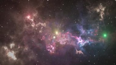 Uzay galaksisinde hareket eden soyut yaratıcı kozmik arka plan. Animasyon. Işık hızı, kusursuz bir solucan deliğinde yolculuk, zaman ve uzay milyonlarca yıldız ve nebula ile