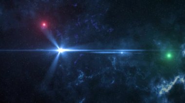 Flying Through The Stars And The Blue Nebula In Space. Exploring the galaxy through outer space. Flying with a glowing dot. High-quality 4k video recording