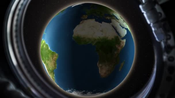 Departure from Earth on a spaceship. a sharp hyper-jump in space. The receding planet Earth through the porthole of a spaceship. realistic 3d animation — Vídeos de Stock