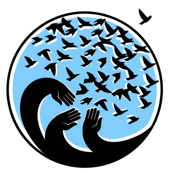 手で鳥を放せ 春のサークルシンボルでベクトル 鳥の背景に手 円のシルエット — ストックベクタ
