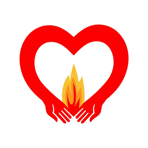Händerna i form av ett hjärta håller eld. Alla hjärtans dag design. En hand som håller ett brinnande hjärta. — Stock vektor