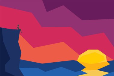 Uçurumun kenarında oturup güneşin batışını izleyen siluet adamın bir çizimi. 