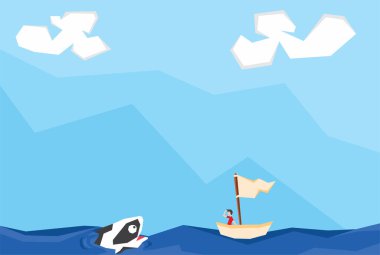 Mavi gökyüzüyle denizde yelken açıp balinayla tanışan bir adamın çizimi.