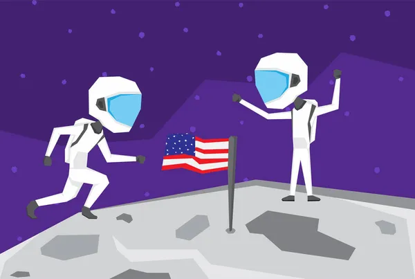Egy Illusztráció Két Űrhajósról Akik Amerikai Zászlót Emelnek Holdra — Stock Vector