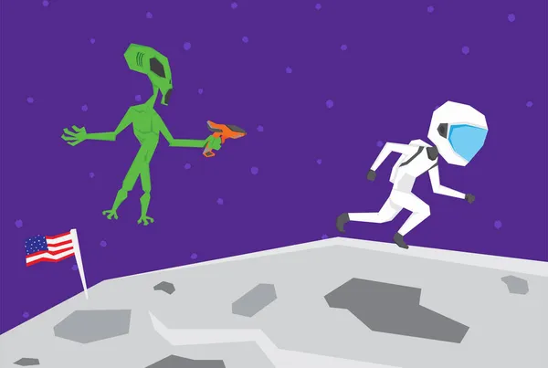 Illustration Eines Astronauten Auf Dem Mond Der Von Außerirdischen Überfallen — Stockvektor