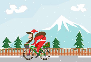 Noel Baba 'nın bisiklet sürüşünün basit bir çizimi ve yolda ağaçlar ve kar arasında bir hediye çantası getirmek.