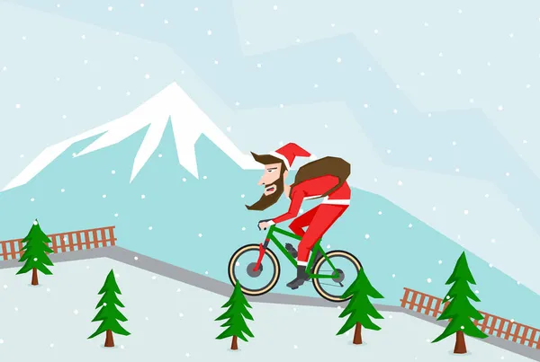 Proste Ilustracja Santa Claus Jazda Rowerze Górskiej Drodze Między Niektórymi — Wektor stockowy