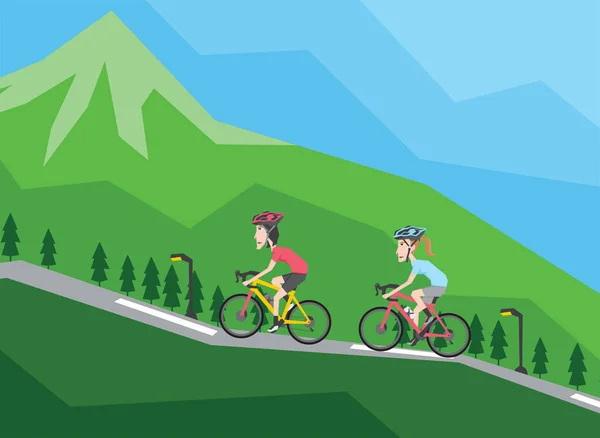 Una Ilustración Dos Mujeres Montando Bicicleta Montaña — Vector de stock